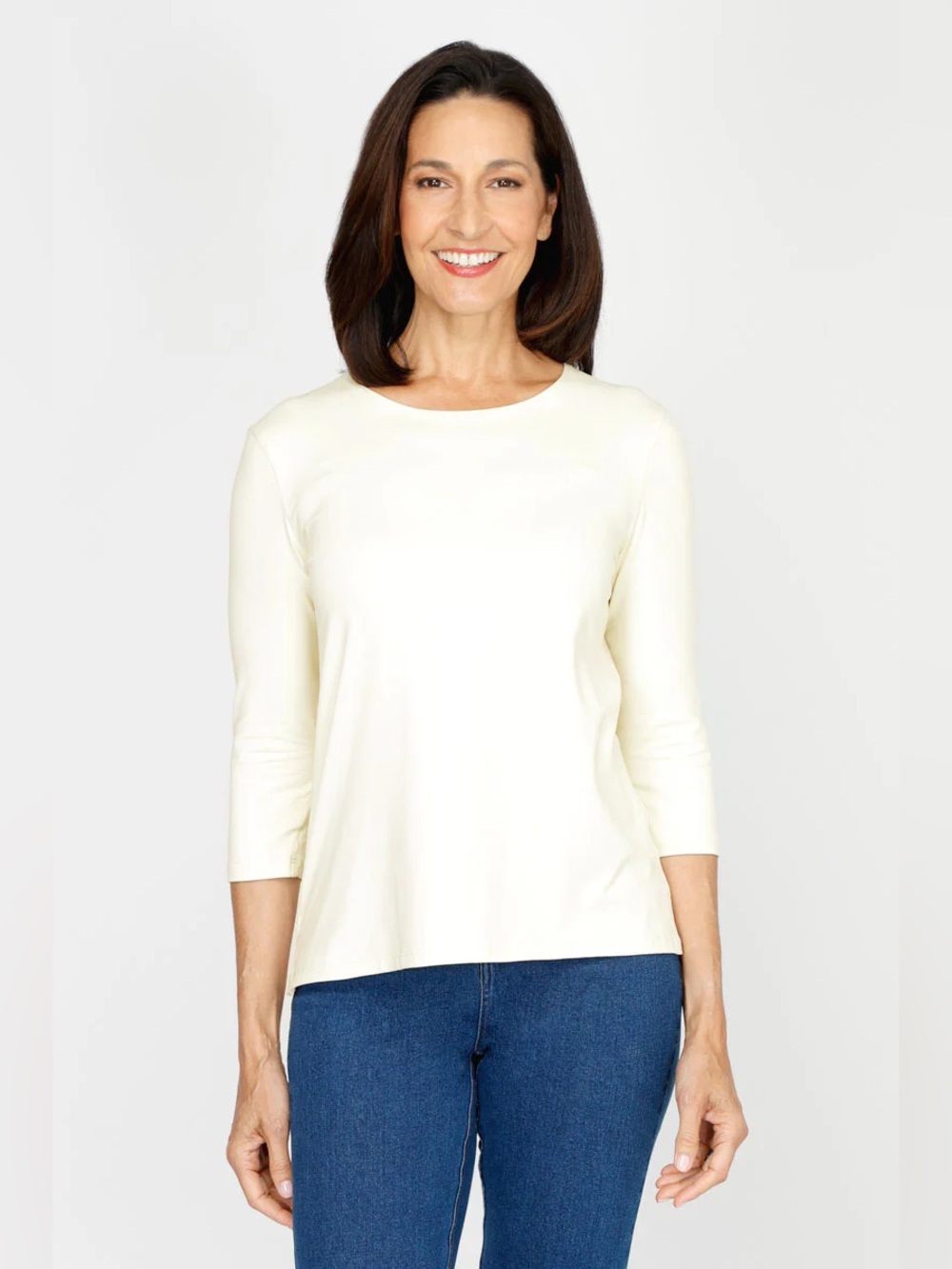 A’nue Ligne Cream Boxy Shirt 3/4 Sleeve Top Women’s Size Small Luxury Layers
